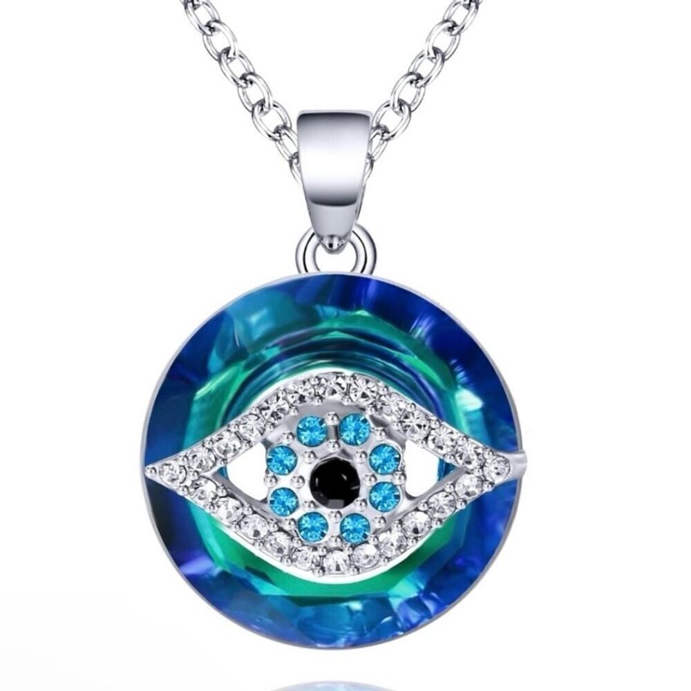 Evil Eye Crystal Circle Pendant Adjustable Silver Necklace New
